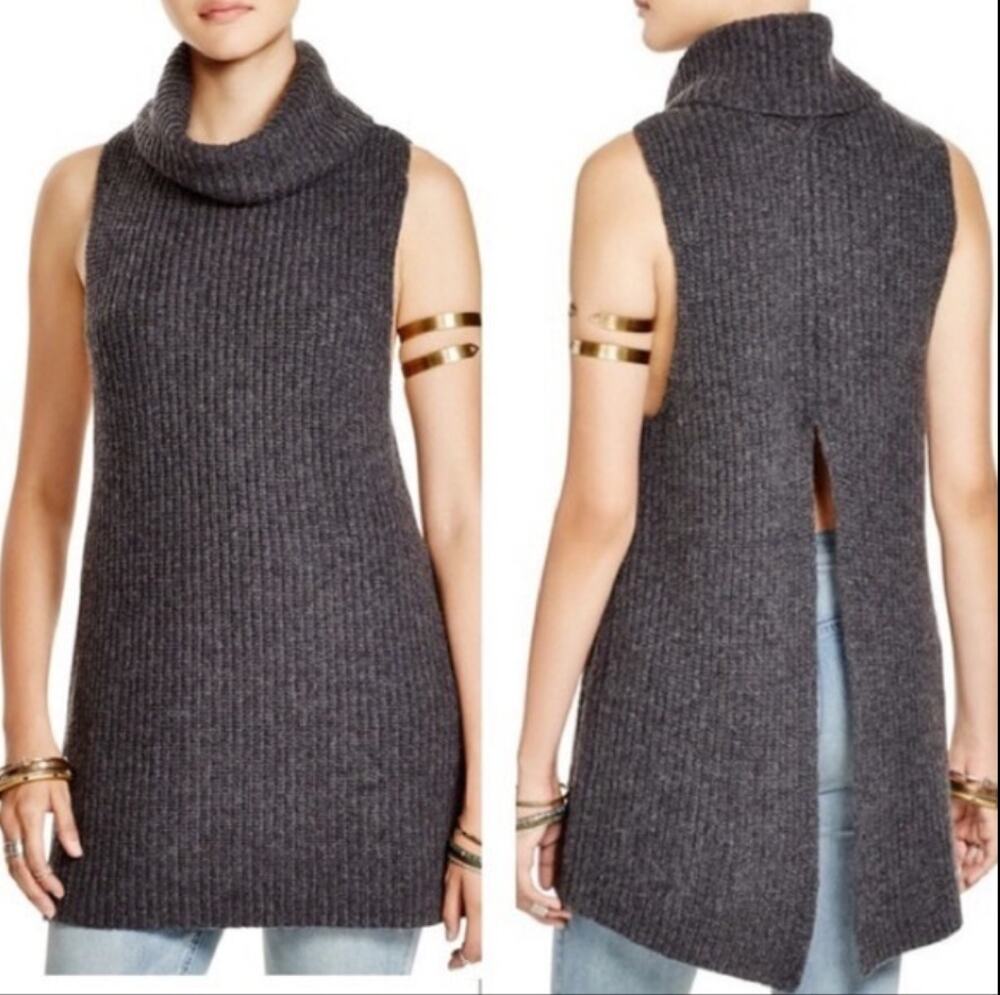 Free People Need It Now Vest Wool Grey Ribbed Sleeveless Cowl Neck Sweater Sz M